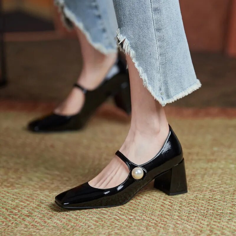 goosudu  Mary Jane High Heels Women Sheepskin Patent Leather Pumps Pigskin Lining and Sheepskin Insole Lolita Girl Shoes Big Size 42