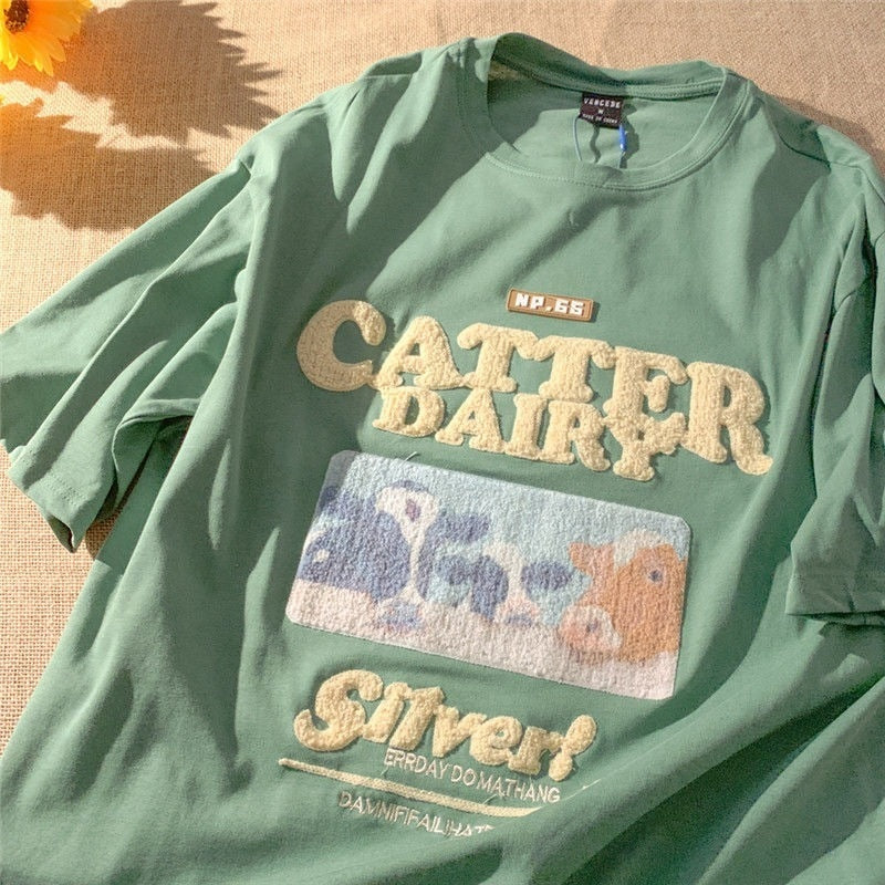 High Quality Brand Cute Cow Print Embroidery T Shirts Kawaii Clothes Teens Men Women Loose Summer Large 2XL Short Sleeve Tops