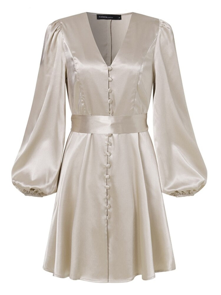 goosudu Women Silk Dress Celmia Satin Mini Robe Summer Elegant Party Wrap Evening Dress Long Lantern Sleeve V Neck Solid Vestidos
