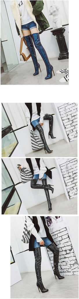 goosudu   New Fashion womens overknee snake PU boots patent PU high thin heels pointed toe party bars pole dance sexy boots
