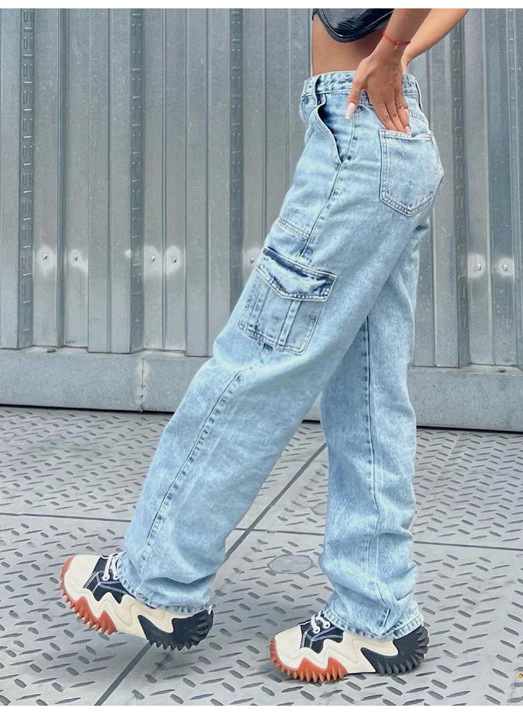 Women High Waist Baggy Jeans Flap Pocket Side Relaxed Fit Straight Wide Leg Cargo Jeans Slim Streetwear Boyfriend Jeans Trousers