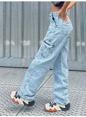 Women High Waist Baggy Jeans Flap Pocket Side Relaxed Fit Straight Wide Leg Cargo Jeans Slim Streetwear Boyfriend Jeans Trousers