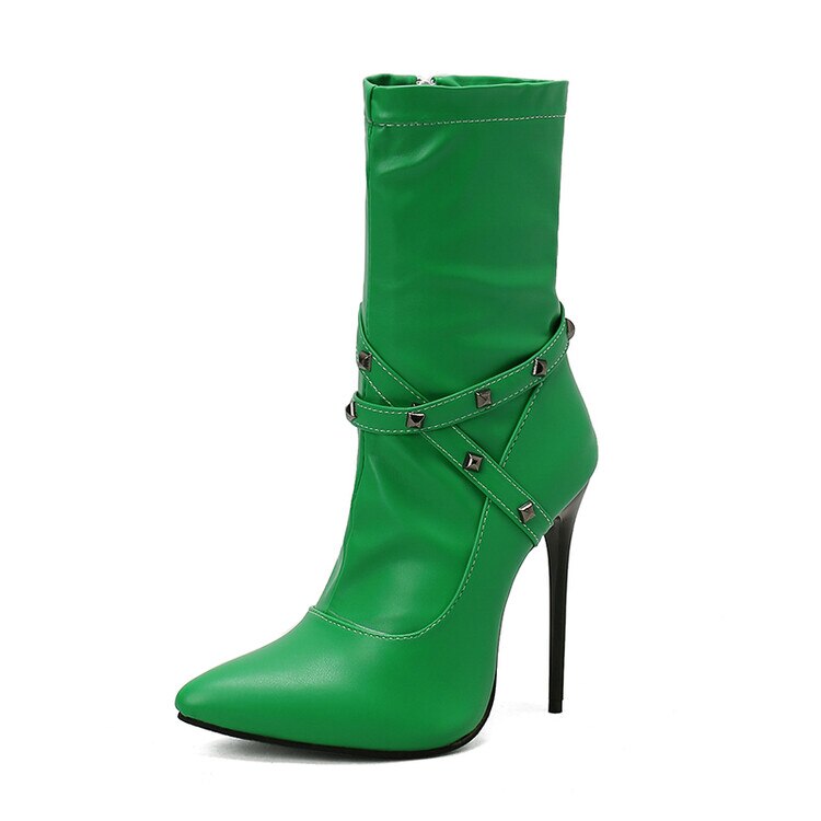 Punk Studs Sexy 12cm Stiletto Heels Boots Women Cross-band Pointy Toe Thin High Heeled Rose Red Green White Boot Zipper