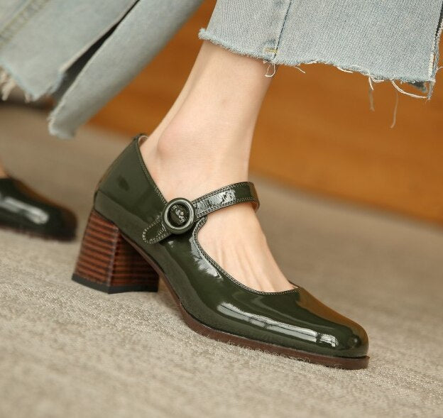 goosudu Woman‘s New Mary Janes Shoes Genuine Leather Shallow Square heel Pumps Buckle Strap Round Toe Lady Footwear