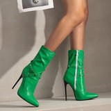 Punk Studs Sexy 12cm Stiletto Heels Boots Women Cross-band Pointy Toe Thin High Heeled Rose Red Green White Boot Zipper