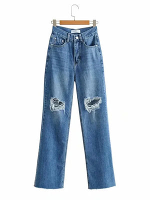 Ripped Jeans For Women  Streetwear Straight Denim Pants High Waist Long Denim Trousers Women Hollow Out Jeans