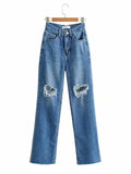 Ripped Jeans For Women  Streetwear Straight Denim Pants High Waist Long Denim Trousers Women Hollow Out Jeans