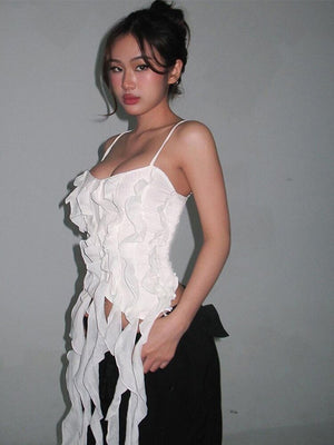 Ruffle Fringed Suspender Vest Women Sexy Off Shouder Backless Tank Tops  Spring Summer Female Camisole