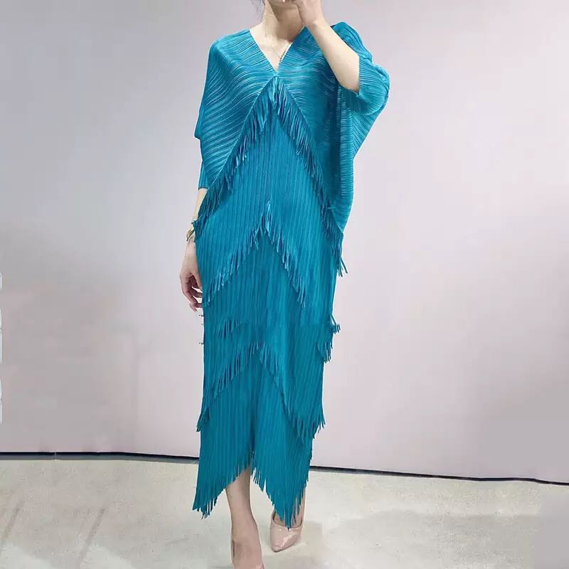 Pleated Dress Woman  Tassel Batwing Sleeve Loose Casual Style V Collar Long Dresses  Summer  Fashion Fast Delivery