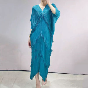 Pleated Dress Woman  Tassel Batwing Sleeve Loose Casual Style V Collar Long Dresses  Summer  Fashion Fast Delivery