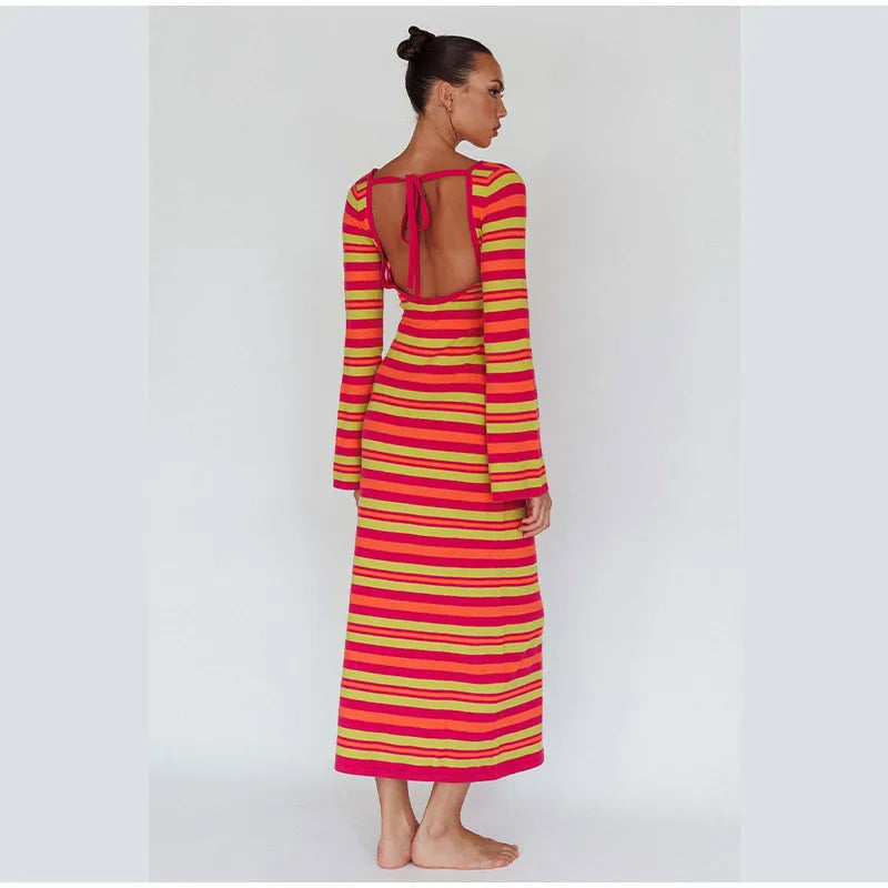Sexy Backless Lace Up Women Striped Knitted Dress Fashion Slim O-neck Long Sleeve Midi Dresses Autumn Lady Chic Streetwear