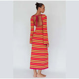 Sexy Backless Lace Up Women Striped Knitted Dress Fashion Slim O-neck Long Sleeve Midi Dresses Autumn Lady Chic Streetwear