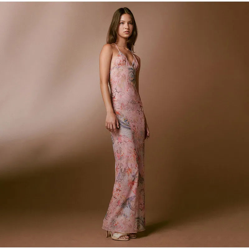 Backless Print Chic Butterfly Maxi Dress For Women Sexy Spaghetti Straps V Neck Halter Bodycon Hot Girls Club Party Vestidos