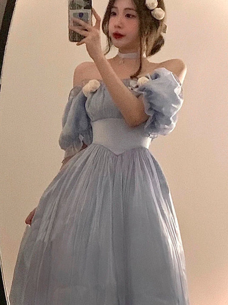 Vintage Elegant Midi Dresses Women Spring Blue Patchwork Retro Evening Party Dress French Sweet Korean Princess Fairy Dress