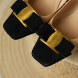 Pumps Shoes Women Mid Heel Spring Sheepskin Square Toe Thin Heel Metal Decoration Party Black Handmade Shoe Big Size 42