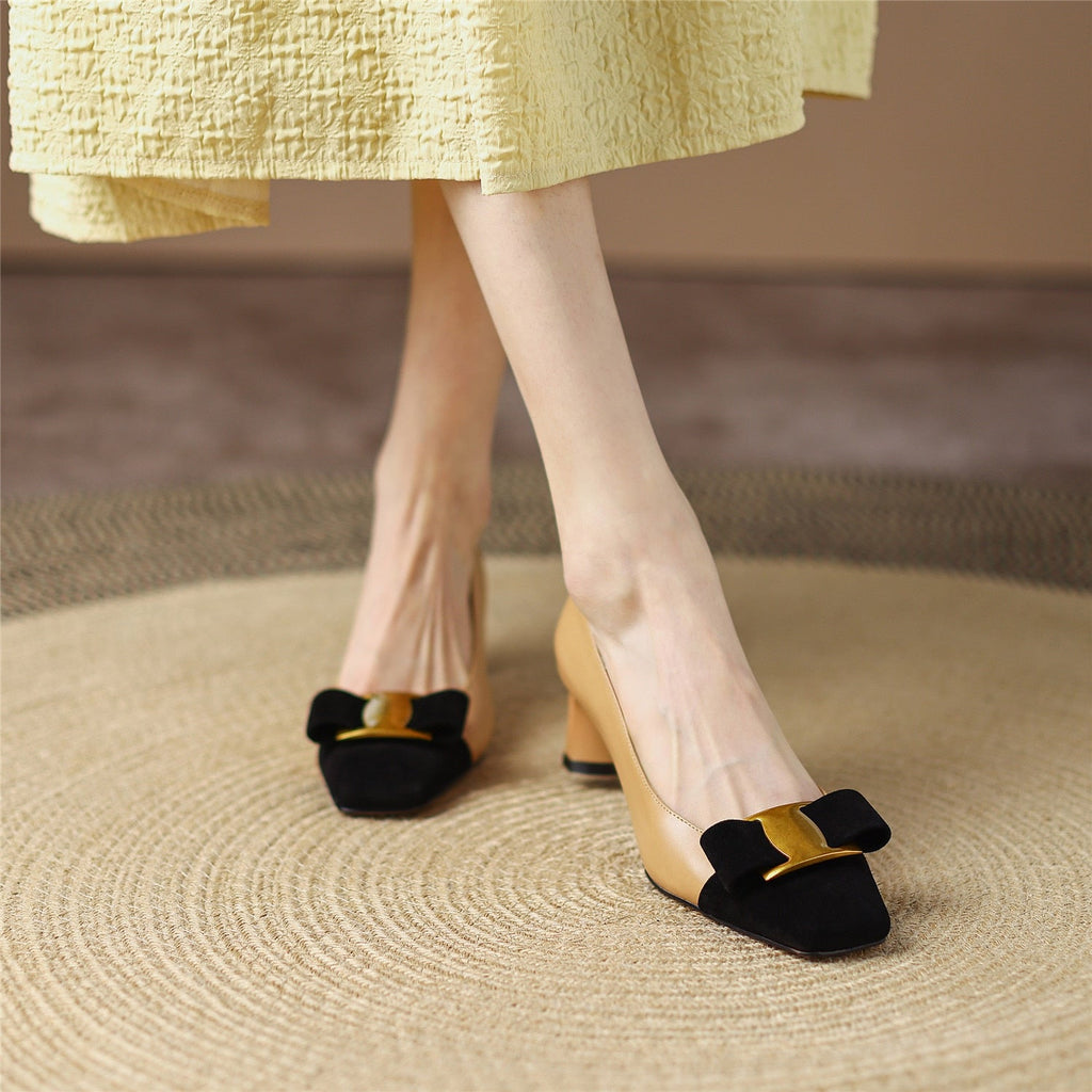 Pumps Shoes Women Mid Heel Spring Sheepskin Square Toe Thin Heel Metal Decoration Party Black Handmade Shoe Big Size 42