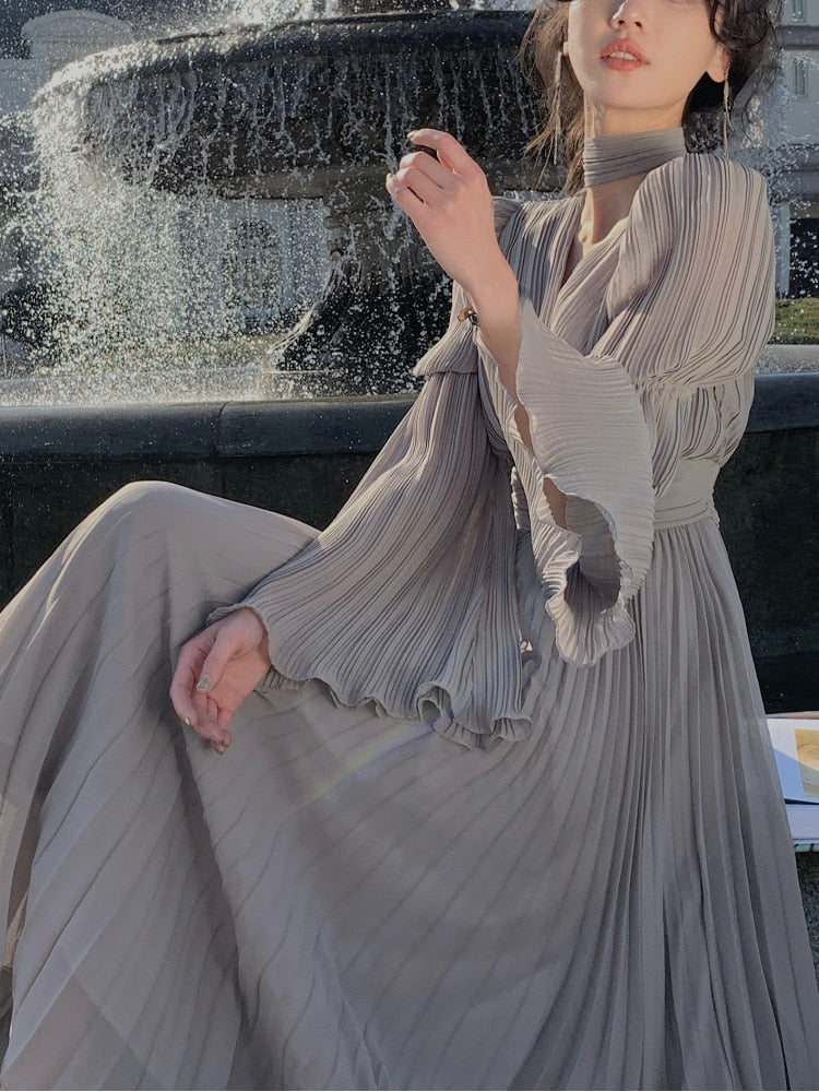 Spring Elegant V-Neck Midi Dress Office Lady Long Sleeve Casual One Piece Dress Korean French Vintage Chiffon Dress Women