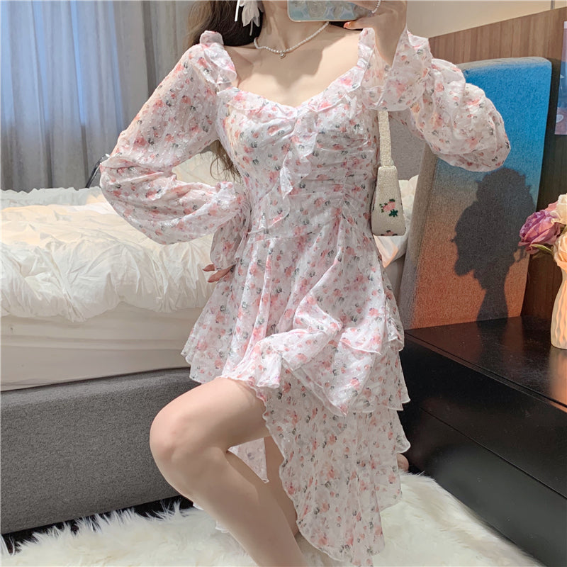 Goosudu Fairy Dress Holiday Irregular Floral Dress Square Collar Women's Spring Long Sleeved Princess Slim Fairy Dress Ruffle Short Dress Vacation