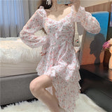 Goosudu Fairy Dress Holiday Irregular Floral Dress Square Collar Women's Spring Long Sleeved Princess Slim Fairy Dress Ruffle Short Dress Vacation