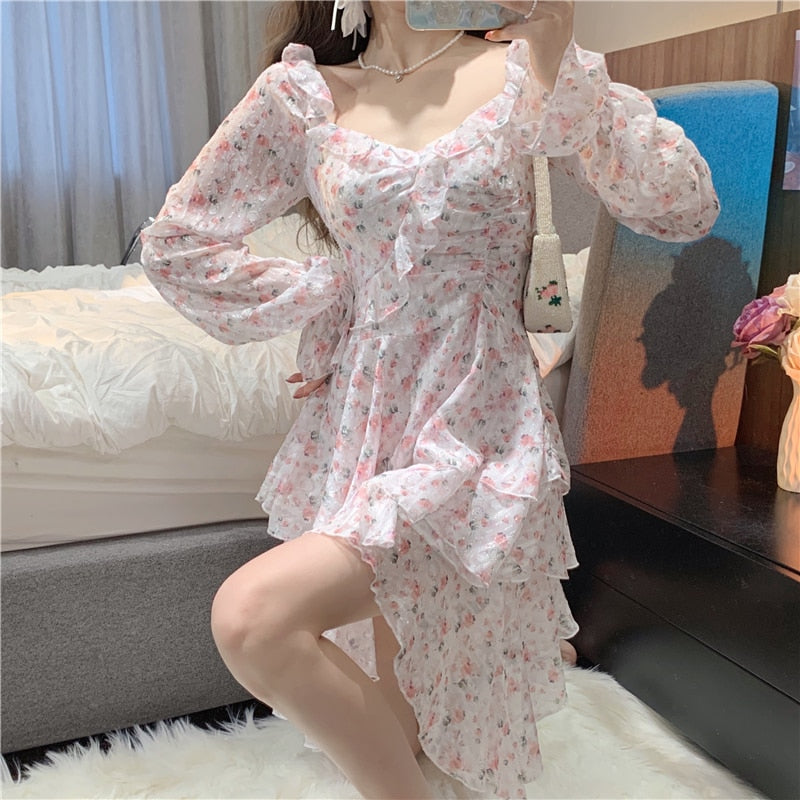 Goosudu Fairy Dress Holiday Irregular Floral Dress Square Collar Women's Spring Long Sleeved Princess Slim Fairy Dress Ruffle Short Dress Vacation