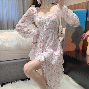Goosudu Fairy Dress Holiday Irregular Floral Dress Square Collar Women's Spring Long Sleeved Princess Slim Fairy Dress Ruffle Short Dress Vacation