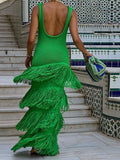 Knit Sleeveless Dress Women Green Sexy Backless U-neck Long Dresses Female  Summer Fashion Beach Holiday Lady