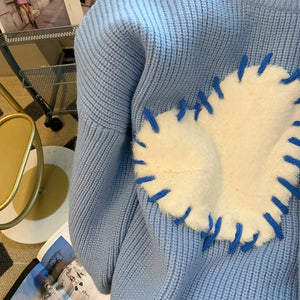 Sweaters for Women O-Neck Loose Heart Chic Pullovers Simple Knitted Autumn Winter Long Sleeve Blue Vintage Jumpers