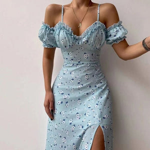 Aieru Sexy Sling Ruffle Strapless Slit Party Dress Women Summer Elegant Off Shoulder V Neck Long Dress Spring Floral Print Slim Dress