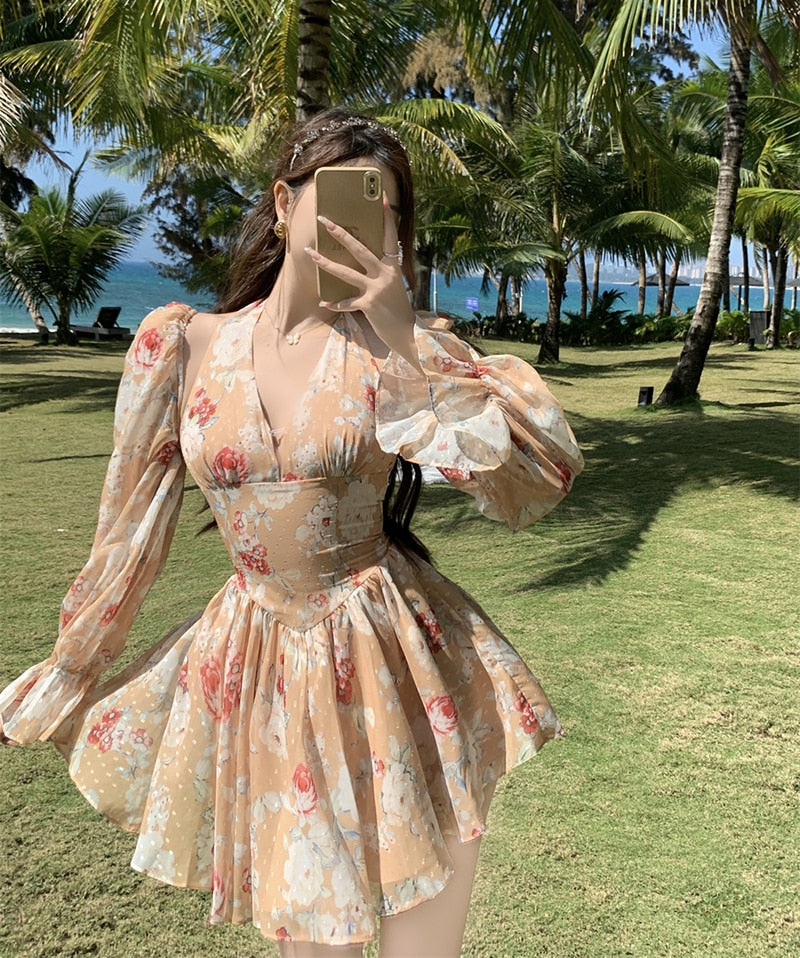 Long Sleeved Floral Dress Summer French Chiffon V-Neck Off Shoulder Slim Halterneck Mini Women Short Sundress Beachwe