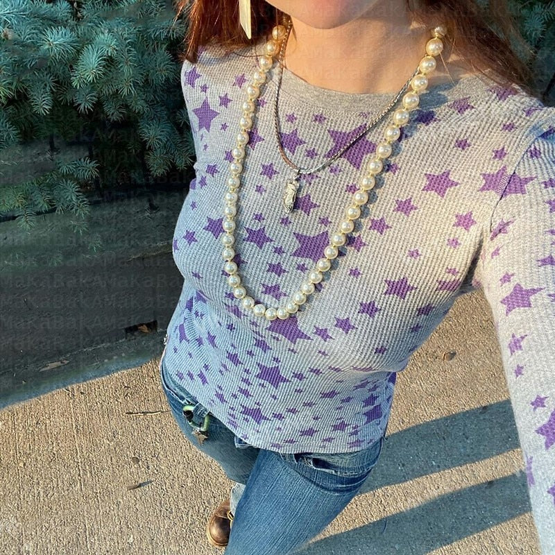 Y2K Stars Vintage Aesthetics Crop Tops Autumn Spring Full Sleeve Basic Tees Harajuku Grunge 00s Retro T Shirt Mall Goth Clothes