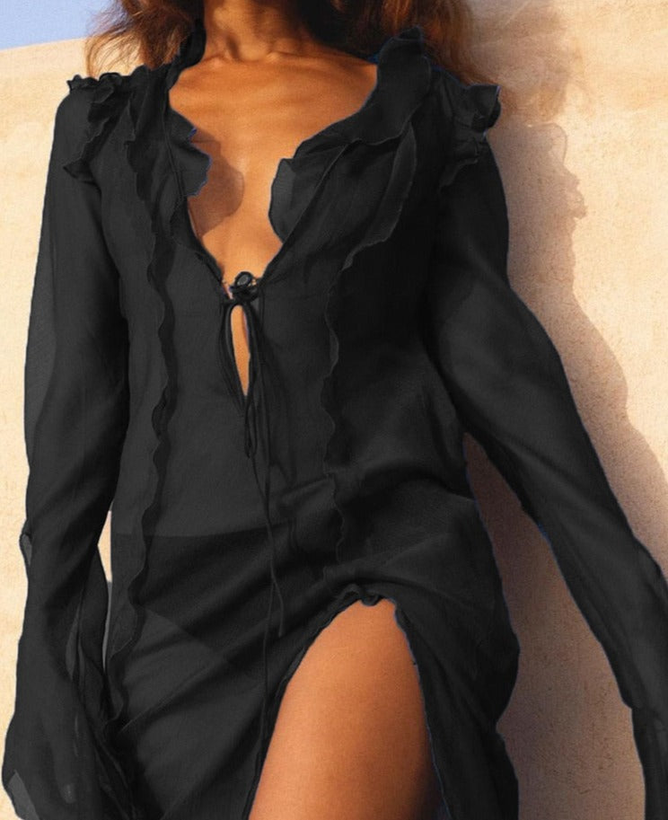 goosudu Long Sleeve Blue Maxi Summer Beach Dress Ruffle Bandage Mesh Club Party Sexy Dresses Women Outfit See Though Y2K 90’S