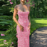 Flower Print Slip Sleeveless Backless Slim Sexy Maxi Dress Spring Women Elegant Streetwear Party Clothing Concise