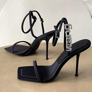 Style Square Toe Women Sandals Crystal Letters Decorative Women High Heels Sexy Shoes Women's Banquet Wedding Shoes Women