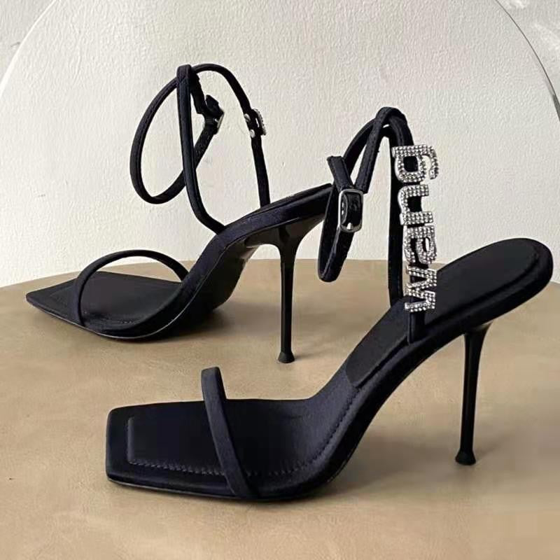 Style Square Toe Women Sandals Crystal Letters Decorative Women High Heels Sexy Shoes Women's Banquet Wedding Shoes Women