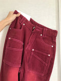 High Street Streetwear Baggy Jeans Women Denim Trousers High Waist Y2k Vintage Washed Distressed Wide Leg Mopping Red Pants