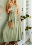 goosudu Spaghetti Strap Waist Hollow Out Beige Summer Maxi Long Dress Solid Elegant Backless Sundress Casual Women Dress