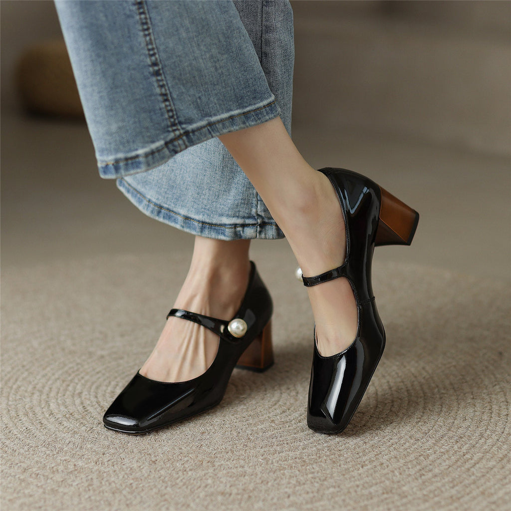 goosudu  Mary Jane High Heels Women Sheepskin Patent Leather Pumps Pigskin Lining and Sheepskin Insole Lolita Girl Shoes Big Size 42