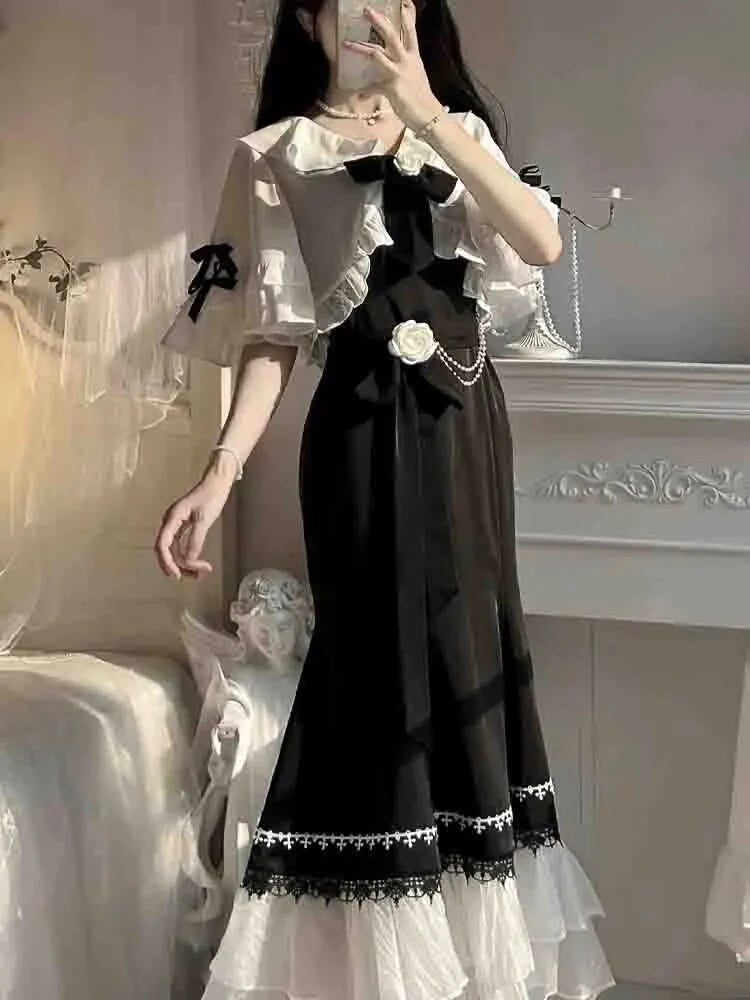 French Vintage Fairy Mermaid Dress Women Lace Korean Party Princess Strap Dress Female  Spring Court Sweet Lolita Midi Dress