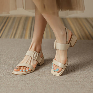 Summer Women Shoes Open Toe Shoes Women Sandals Square Heel Genuine Leather Chunky Heel Med Heel Sandals Heels Cow Leather