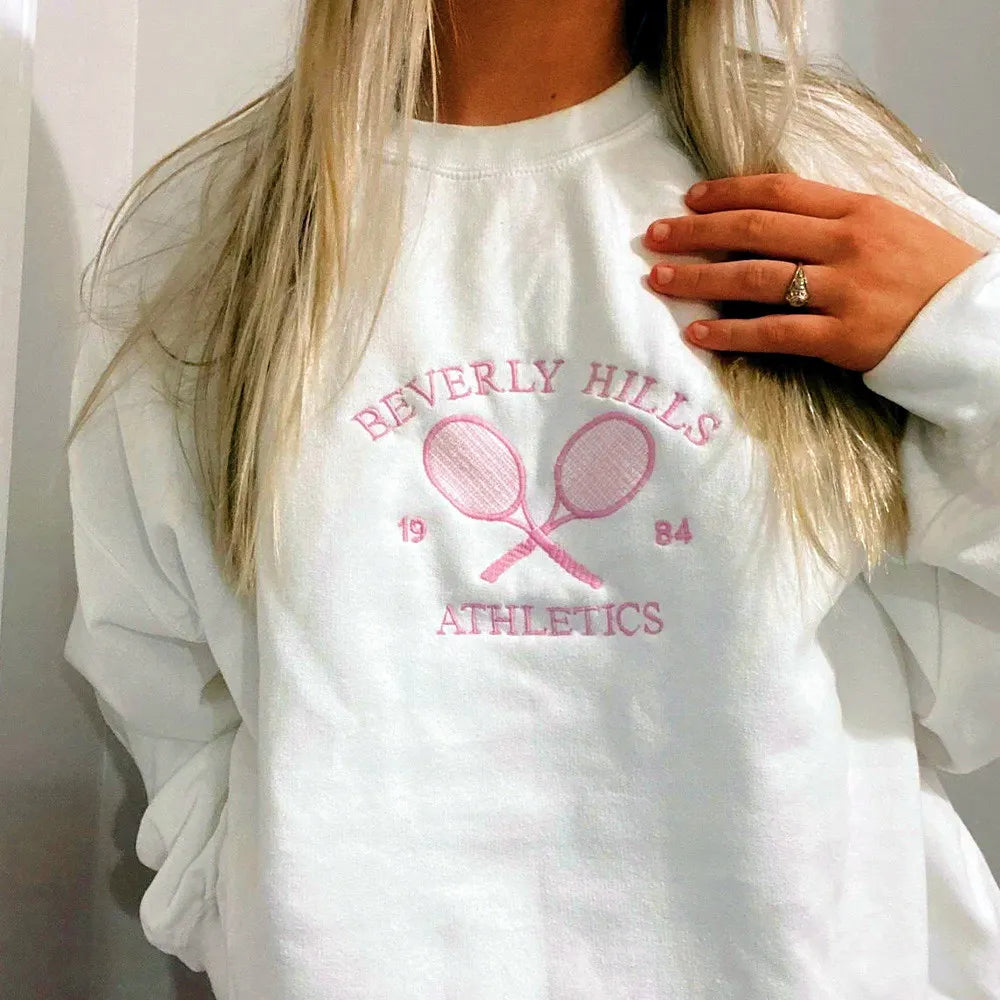 Black Friday Tennis Athletics Letters Embroidered Sweatshirts Women White Loose Spring Pullover Long Sleeve Retro Thin Cotton Casual Jumpers