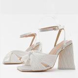 Size 44 45 46 Fashion Pleated Butterfly-Knot Womens Sandals Gladiator Peep Toe Buckle Strap Triangle High Heels Dress Shoe