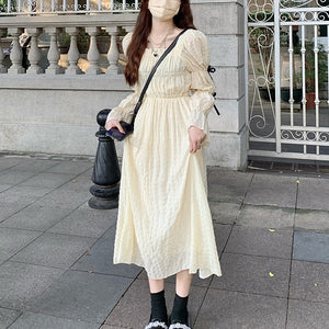 Spring  Women Chic Puff Sleeve Cute Solid Fairy Dress Elegant  High Waist Princess Summer A-Line Long Dress Femme Robe Holiday