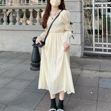 Spring  Women Chic Puff Sleeve Cute Solid Fairy Dress Elegant  High Waist Princess Summer A-Line Long Dress Femme Robe Holiday