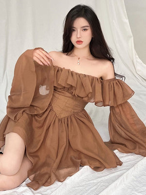 Fairy Dress  Holiday Irregular Long Sleeve Beach dress summer Ruffle sexy Off Shoulder female high waist chic women short dresses  Sundress