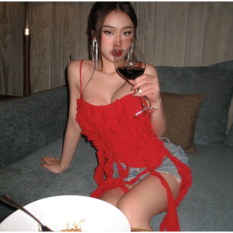 Ruffle Fringed Suspender Vest Women Sexy Off Shouder Backless Tank Tops  Spring Summer Female Camisole