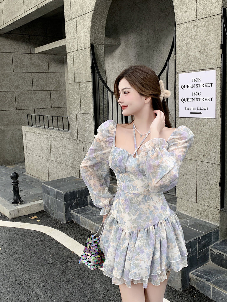 Goosudu  Sexy Floral One Piece Dress Korean Fashion Woman Puff Sleeve Y2k Mini Dress Casual Spring Design Elegant Short Party Dress
