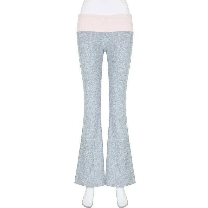 Casual Contrast Color Patchwork Flare Pants Grey High Waist Slim-fitting Boot Cut Leggings Joggers Sweatpants Women