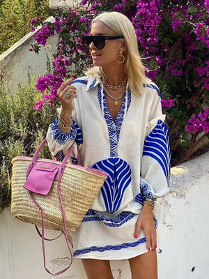 Foridol Fashion Geometric Print Blue Casual Loose Shirt Summer Dress Long Sleeve Spring Straight Short Vestidos Women Robe