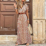 Summer Boho Long Dress Women Paisley Print V Neck Belted Bohemian Maxi Dresses Female Elegant High Slit Robe Party Beach Dress