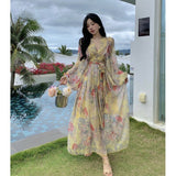 French Seaside Resort Maxi Dress Women Chiffon Puff Sleeve V Neck Floral Dress Female Vintage Elegant Print Long Beach Dress
